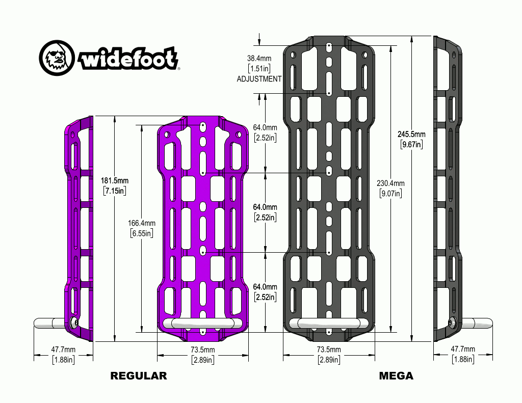 Widefoot CargoMount Mega and Regular Dimensions