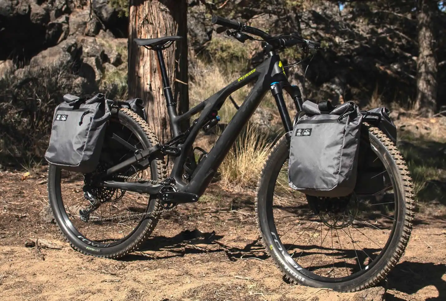 Old Man Mounta Elkhorn rack front and rear with panniers on a full suspension Specialized